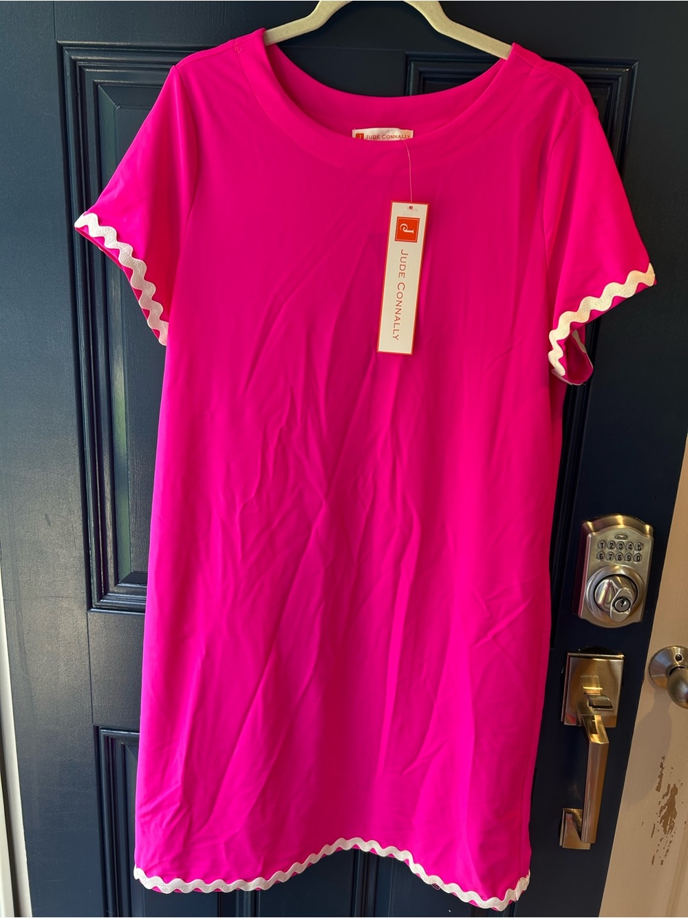 Jude Connally Bright Hot Pink Short Sleeve Dress with White Trim